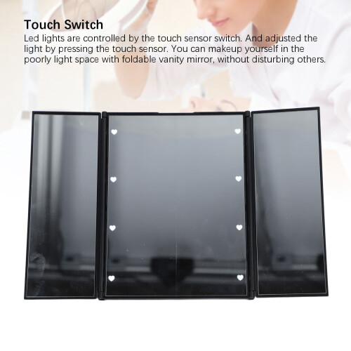 Black 3-Fold LED Lighted Makeup Mirror, Portable, 500mAh, CR2032 2