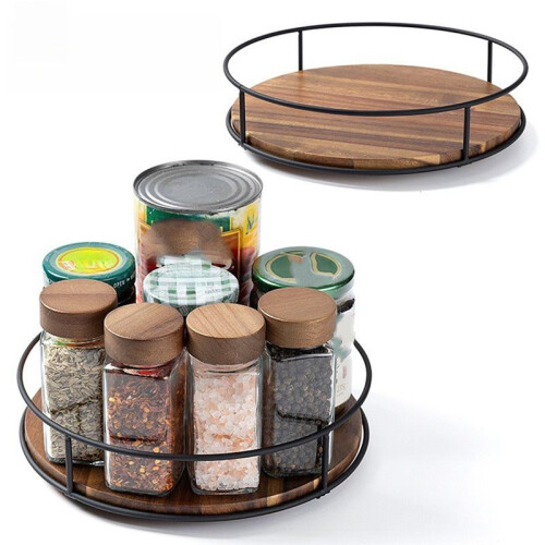 Kitchen Solid Wood Storage Rack Steel Round Organizer Desktop Spice Bottle Jar Turntable Rotating Makeup Tray 1