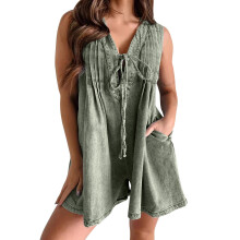 Tuta corta da donna senza maniche in denim con laccetti sul davanti e tasche, ideale per l'estate (verde, taglia L)