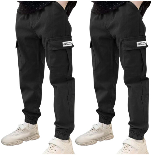 Boys Casual Cotton Cargo Pants 2-Pack Elastic Waist