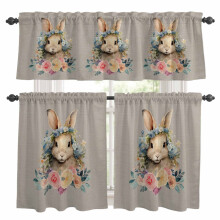 Easter Bunny Kitchen Curtains & Valances Set – Rabbits, Blue Wreath, Grey Retro Linen, Rod Pocket, 27.5x36in, for Living Room/Bedroom