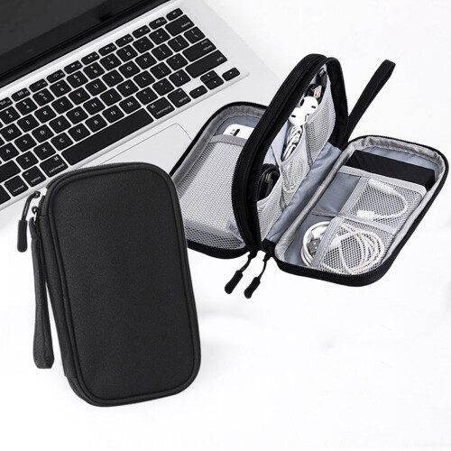 Multi-layer Digital Accessories Storage Bag with Zipper Mesh, Protective Compartments & Travel-Friendly Design – Black