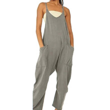 Mouwloze jumpsuit voor dames met V-hals, spaghettibandjes, twee zakken en lange pijpen – Grijs, L (Geschikt voor Amerikaanse maten)