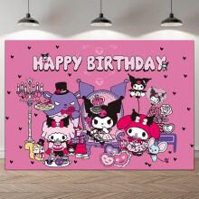 Kuromi Cartoon Theme Birthday Flag Background Banner Children's Party Decoration supplies Photography Photo Prop,70.8x43.3inch.