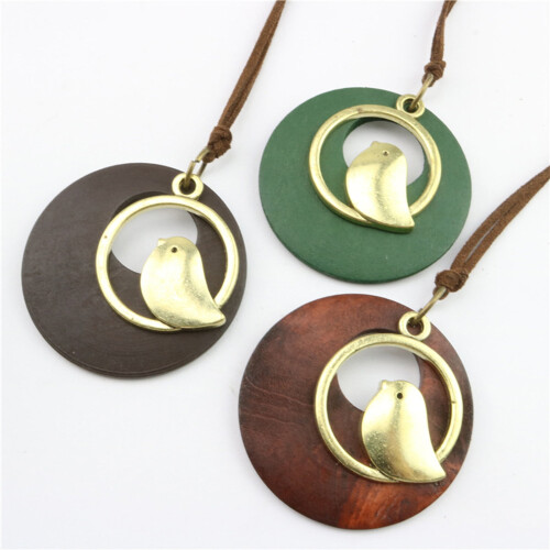 Vintage houten vogel hanger ketting 80 cm
