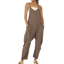 Mouwloze jumpsuit met V-hals en zakken voor dames, lange broek – Koffiebruin, XXXL