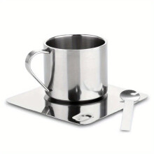 Dobbeltvægget kaffekrussæt i rustfrit stål med underkop og ske, termisk isoleret til varme/kolde drikke, kompatibel med latte/cappuccino/mælkete