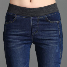 Allsidige bukser Mote Dame Løse høymidje Casual jeans Elastisk midje blyantbukser Plus Size (mørkeblå, 34)