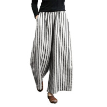 Damebukser med striber, casual, elastisk talje, løse, vide ben, hørblanding, højtaljet, petite-fri (hvid, M)