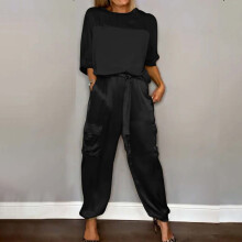 Costume de damă, 2 piese, costume elegante cu pantaloni pentru o nuntă, seturi casual cu pantaloni largi din satin, neregulați (negru, XL)