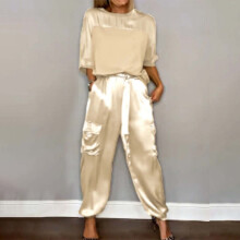 Costume de damă, 2 piese, costume elegante cu pantaloni pentru o nuntă, seturi casual cu pantaloni largi din satin, neregulați (auriu, S)