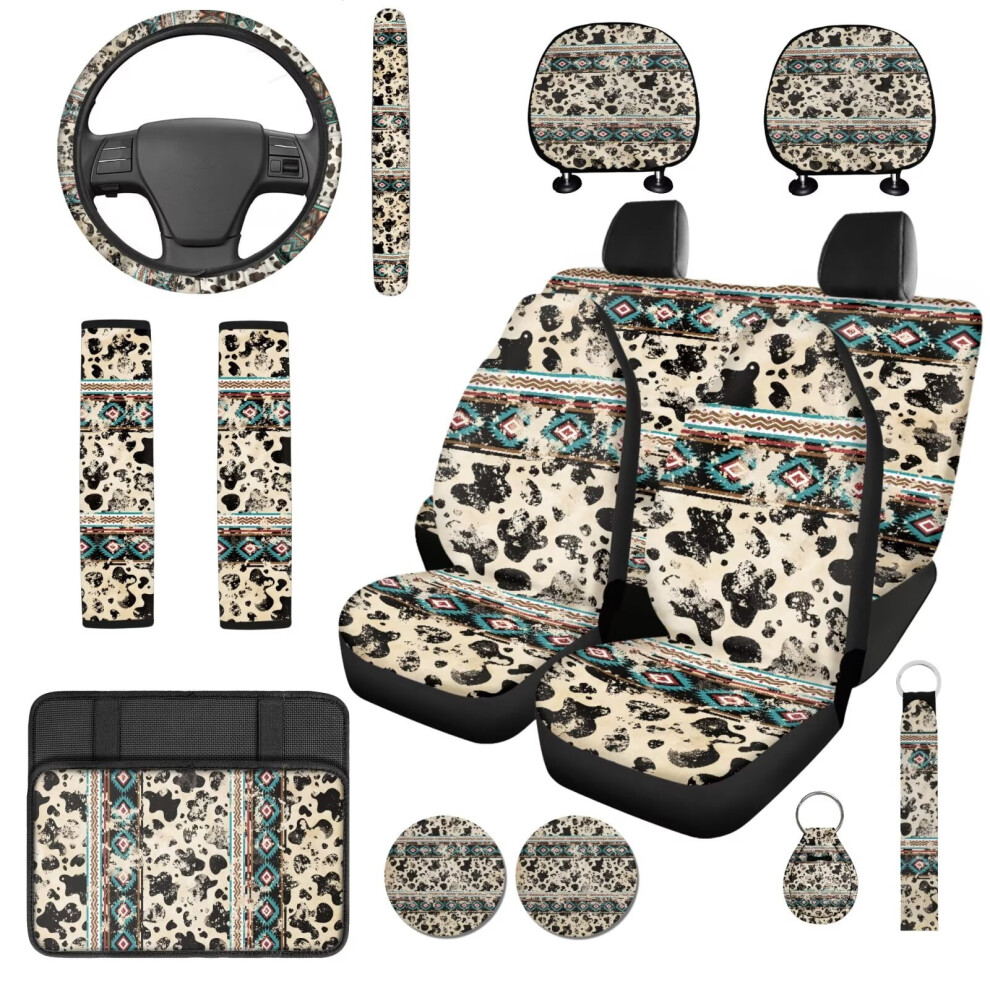 Aztec Cow Print 14-Piece Car Accessories Set: Seat Covers, Steering Wheel Cover, Headrest & Console Covers, Seat Belt Pads, Keychain Â Compatible 9448483395953