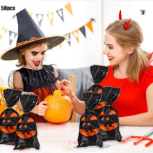 Bolsas de dulces de Halloween, 50 unidades. Bolsas de plástico con forma de calabaza para dulces de Halloween, ideales para niños que piden dulces