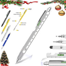 Leutsin 9-in-1 multitoolpen met LED-lampje, kruiskopschroevendraaier, waterpas, liniaal, flesopener en stylus – zilverkleurig, geschikt voor mannen