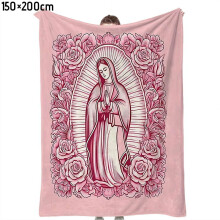 Virgin Mary Flannel Blanket 59"x78.7", Soft Pink Rose Pattern Prayer Throw – Religious Gift for Women, Cozy Lightweight Blanket