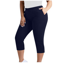 Capri broek voor dames in grote maten met zakken, slim fit donkerblauwe cropped stretchbroek, elastische tailleband, comfortabele polyester-spandex,