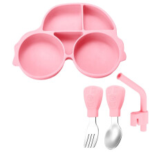 Car-Shaped Silicone Divided Plate with Stainless Steel Spoon, Fork & Straw Set – Compatible with Toddlers & Kids