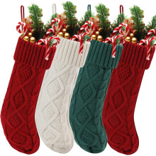 Large 18" Knitted Christmas Stockings (4-Pack), Double-Sided Rhombus Grid, Red/White/Green, Fireplace & Tree Decor, Compatible with Standard Hanging