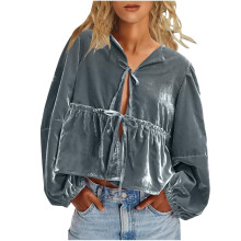 Women's Flowy Puff Sleeve Top, V-neck, Bow Front,-Silver L
