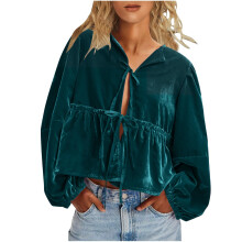 Women's Flowy Puff Sleeve Top, V-neck, Bow Front,-Green S