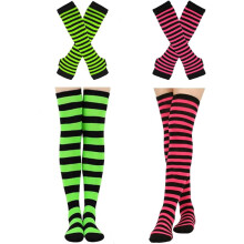 Women's Striped Knee-High Socks and Fingerless Gloves Set