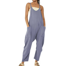 Ærmeløs jumpsuit med V-hals, spaghettistropper, to lommer og lange bukser til kvinder – Blå1, XXXXL