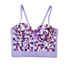 Dame Rhinsten Bustier Crop Top Klub Fest Glitter Korset Top Bh Lilla XL