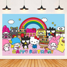 Sanrio Family Cartoon Theme Birthday Flag Background Banner Children's Party Decoration supplies Photography Photo Prop,70.8x43.3inch.
