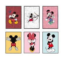 Set van 6 oningelijste Mickey Mouse aquarelposters (20x25 cm) – Muurdecoratie voor kinderkamer, babykamer en speelkamer, cartoonkunstcadeau