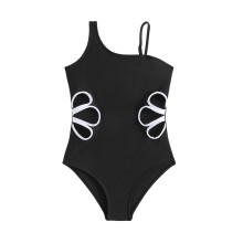 Badedragt med én skulder til piger, udhulet design, ensfarvet sort, kompatibel med alderen 7-12 år, brug ved stranden og ved poolen