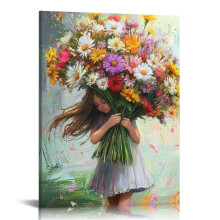 Girl Holding Flowers Canvas Wall Art, 16x20in – Living Room, Bedroom, Bathroom & Office Decor