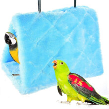 Winter Warm Bird Nest House Hut – Hanging Hammock & Plush Hideaway for Parrot, Macaw, Budgie, Cockatiel, Lovebird (L, Blue)