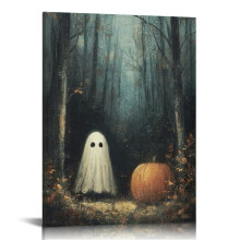 Halloween Canvas Wall Art: Moody Ghost in Haunted Forest with Pumpkin – 16x20in, for Living Room, Bedroom, Bathroom, Office Decor