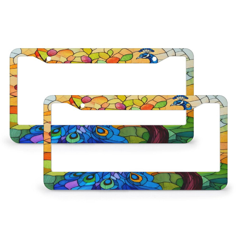 2Pcs Peacock License Plate Cover, Stainless Aluminum, 2 Round Holes, Compatible With All Cars Blue 9448483434034