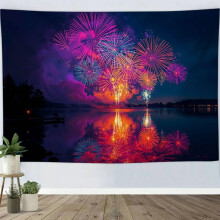 Gobeläng med sjölandskapstema, nyårsfyrverkeri, väggkonst för sovrum, vardagsrum, studentrum eller lägenhetsdekor - 232x152 cm