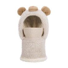 Cartoon Bear Face Integrated Scarf Neck Gaiter Winter Knitted Hat For Kids Outdoor Cold Weather