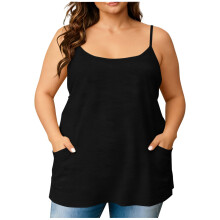 Camisetas sin mangas de tallas grandes para mujer con bolsillos 3XL4XL5XL, camisola larga negra, estilo túnica, corte relajado, suave y elástico,