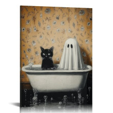 Ghost & Cat Halloween Canvas Wall Art, 16x20in – for Living Room, Bathroom, Bedroom, Office Decor
