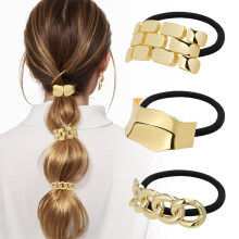 3PCS Gold Metal Hair Ties for Thick Hair, Elegant Geometric Design, Stretchy Ponytail Cuffs – 3 Styles, Compatible with All Hair Types