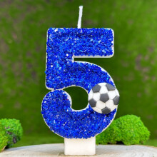 Candela di compleanno a tema calcio – Numero 9 con glitter blu, decorazione per torta, adatta a feste a tema calcio e per tutte le età.