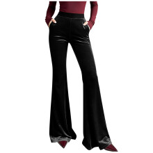 Dámské černé sametové kalhoty s vysokým pasem a širokými nohavicemi, retro elastický pas s kapsami pro ležérní elegantní outfity,