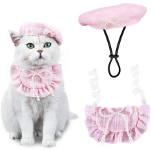 2PCS Cat Beret Hat with Adjustable Satin Bowtie Bandana Scarf Set, Pet Princess Costume for Christmas, Cat Dog Birthday Party Apparel