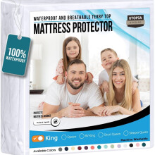 Waterproof Mattress Protector King Size,Premium Terry Mattress Cover 200 GSM,Breathable,Fitted Style with Stretchable Pockets (White)