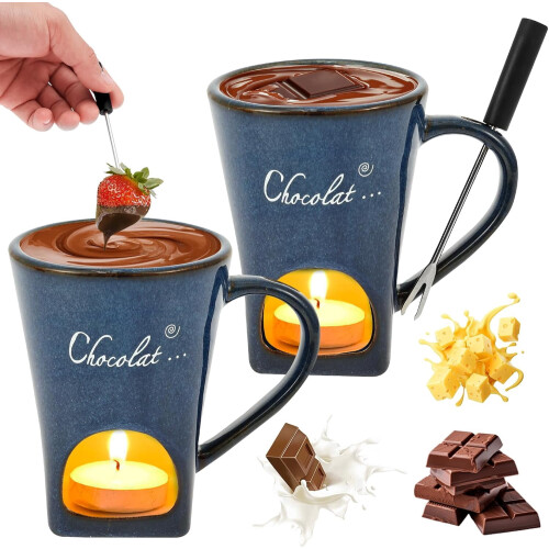 Chocolate Fondue Mug Set Ceramic with Forks 2 Pcs