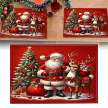 Classic Xmas Placemats Set of 1， 12x18 Inch Red Vinyl Holiday Table Mats with Traditional Designs for Seasonal Home Dining Decor