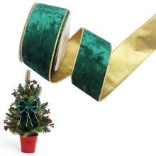 Thick Gold Edge Wired Christmas Ribbon Green Velvet Material for Tree Decor Wreaths Bouquets and Supplies 2.5 Inch 10 Yard Roll