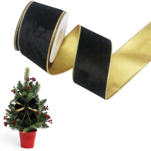 Christmas Tree Wired Ribbon Black Velvet with Gold Edges for Holiday Wreaths Bows Crafts Wrapping 2.5 Inch Width 10 Yards Length Roll