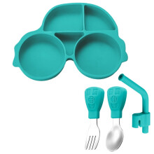 Car-Shaped Silicone Divided Plate with Stainless Steel Spoon, Fork & Straw Set – Compatible with Toddlers & Kids