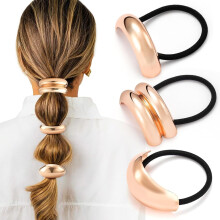 3PCS Gold Metal Hair Ties for Thick Hair, Elegant Geometric Design, Stretchy Ponytail Cuffs – 3 Styles, Compatible with All Hair Types