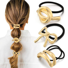 3PCS Gold Metal Hair Ties for Thick Hair, Elegant Geometric Design, Stretchy Ponytail Cuffs – 3 Styles, Compatible with All Hair Types
